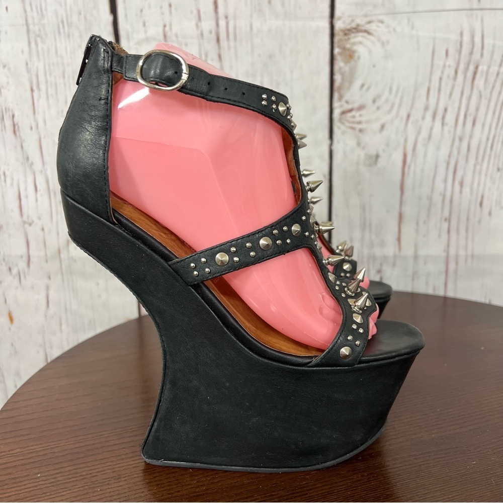 JEFFREY CAMPBELL CONTAIN Studded Black leather heelless platform sandals 7 EUC - Picture 8 of 17